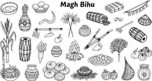 Magh Bihu Assamese Harvest Festival Elements: Traditional Objects, Food, Tools  Cultural Celebration Icons Line Art Doodle Set