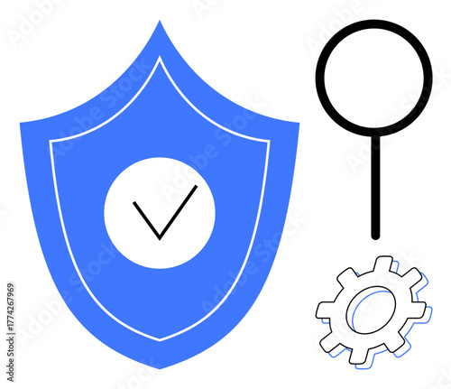 Blue shield with checkmark for security, magnifying glass for investigation, and gear for functionality. Ideal for cybersecurity, data protection, tech development, quality control, research, system