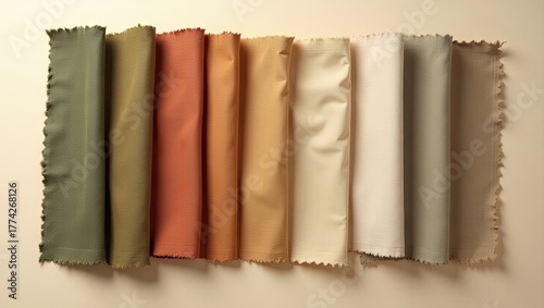 Different swatches of fabric display a spectrum of warm, earthy tones from muted olive green to soft beige, arranged side by side against a neutral background, showcasing textures and folds.