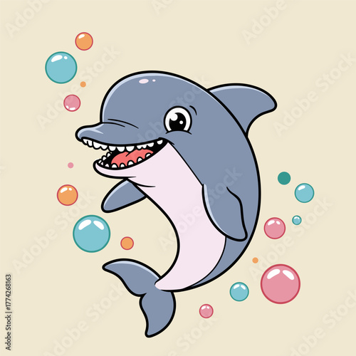 Adorable cartoon dolphin smiling brightly amidst colorful bubbles on a simple background.