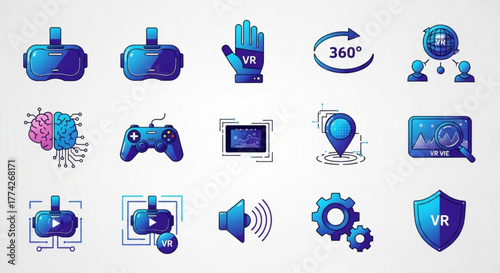 Set of virtual reality icons collection of vector illustrations of vr headsets, controllers, and other vrrelated elements