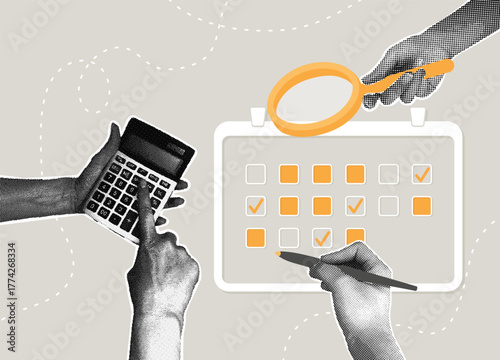 Planning and scheduling. Time management and task overview. Trendy halftone collage. The concept of planning, analysis, and idea generation.