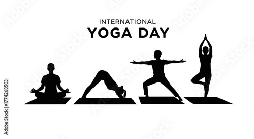 Silhouette of people practicing yoga poses for international yoga day, promoting health, wellness, and mindfulness through exercise