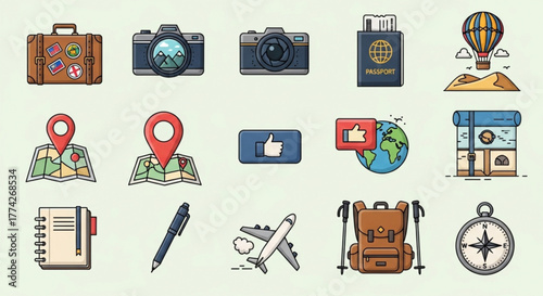 Set of travel and tourism icons, includes luggage, camera, passport, hot air balloon, map pin, like button, and backpack