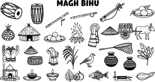 Magh Bihu Traditional Elements Vector Icons Set. Assamese Harvest Festival Cultural Symbols Collection, Hand-Drawn Outline Graphics for India's Celebration.