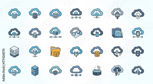 Collection of cloud computing icons representing various cloud services and technologies for digital transformation concepts
