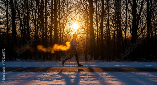 Fototapeta Naklejka Na Ścianę i Meble -  Man running in winter forest at sunrise for fitness and health