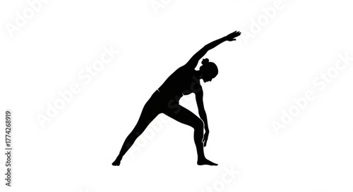 A black silhouette of a woman in a yoga pose, stretching her arm overhead and bending to the side, isolated on a vector illustration