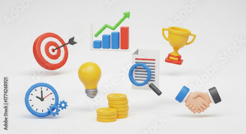 3d render of business and finance icons floating in the air, including a target, chart, trophy, light bulb, coins, document, and handshake