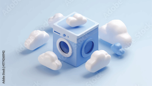 Cloud laundry service concept with washing machine and fluffy clouds