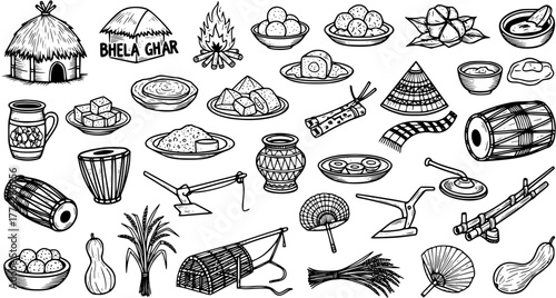 Assamese Bihu Festival Traditional Elements: Food, Instruments, Tools, and Cultural Symbols Hand-Drawn Black and White Set