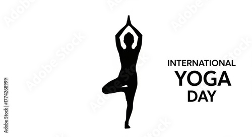 Silhouette of a person in a yoga pose for international yoga day the figure is in tree pose, with hands in prayer position above head