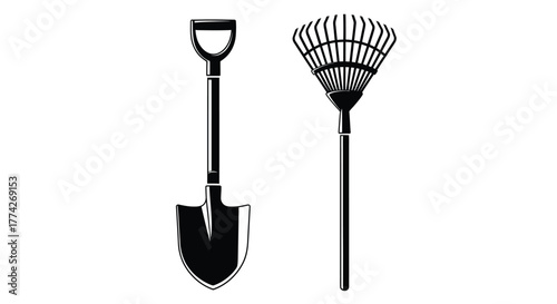 Simple black and white illustration of a garden rake and shovel
