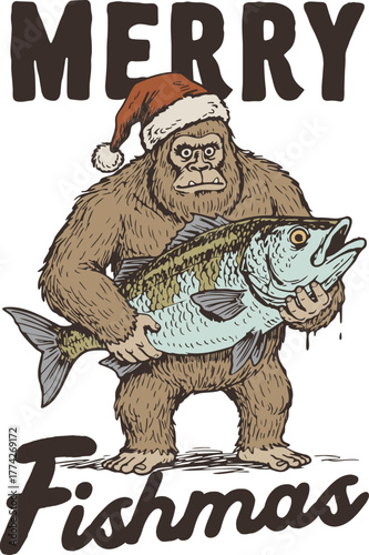 Merry Fishmas, A Funny Christmas Pun Vector Of Bigfoot In A Santa Hat Holding A Large Fish, Ideal For T-Shirt Design And Angler Gifts