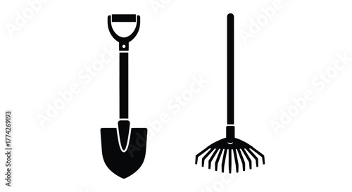 Black and white illustration of a garden shovel and a leaf rake