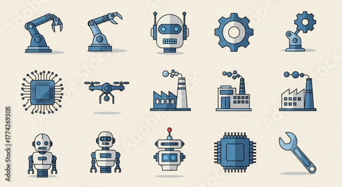 Set of vector icons representing industrial automation, robotics, and artificial intelligence perfect for illustrating modern manufacturing