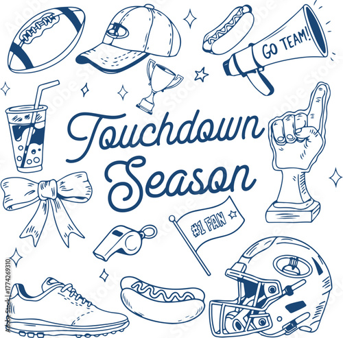 Touchdown Season, A Hand-Drawn Doodle Set Of American Football Equipment Like Helmet, Ball, And Foam Finger, Vector Illustration For Game Day