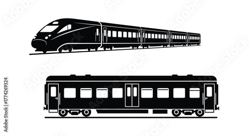 Stylized black and white illustration of modern and vintage passenger trains