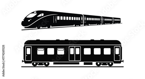 Modern high speed train and vintage railway carriage silhouette illustration