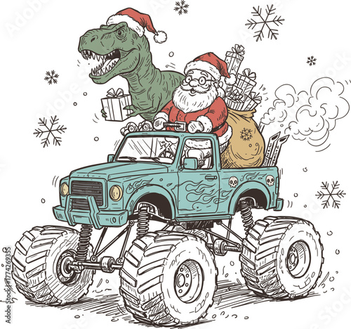 Funny Christmas Vector Of Santa Claus Driving A Monster Truck With A T-Rex Dinosaur, Hand-Drawn Sketch Illustration For Boys