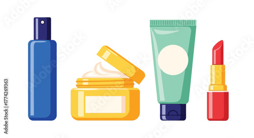 Colorful cosmetic products arranged neatly lotion cream and vibrant lipstick