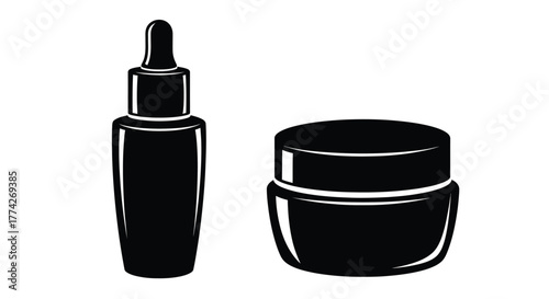 Black cosmetic bottle and jar isolated on a white background