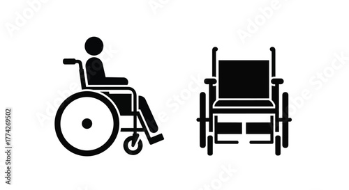Black and white illustration depicting a person in a wheelchair graphic