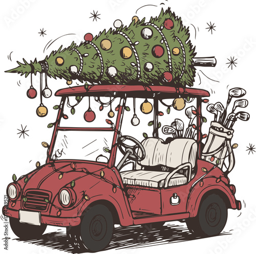 Vintage Christmas Golf Cart Transporting A Decorated Tree And Golf Clubs, A Festive Hand-Drawn Vector Illustration For Golfers And Sports Lovers