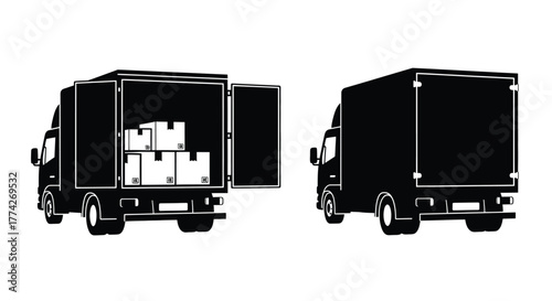 Black and white illustration depicting delivery trucks with open and closed cargo