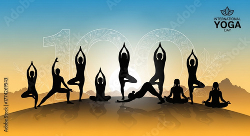 Silhouette of people practicing yoga poses at sunset for international yoga day, promoting a healthy lifestyle and inner peace through yoga