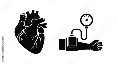 Human heart anatomy and blood pressure measurement illustration in monochrome style