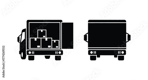 Black silhouette of a delivery truck with boxes inside side and rear view