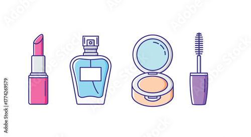 Colorful makeup items including lipstick perfume compact mirror and mascara