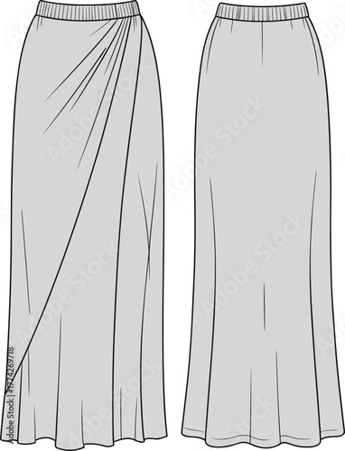Technical fashion sketch of long skirts with elastic waistband, draped pleats and flared seams, minimalist garment illustration for apparel design, sewing, and textile concept
