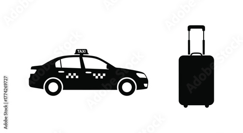 A black and white illustration featuring a taxi and a suitcase