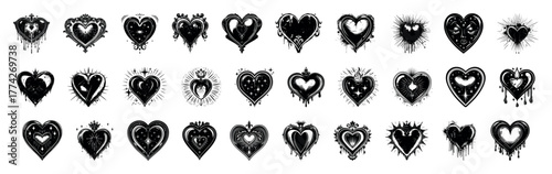 Gothic grunge heart vector set. Love symbol romance emo and sticker icon isolated white. Groovy punk graffiti print kit. y2k style flame tribal elements, star, fire, heart shape. Trendy grunge scrawl