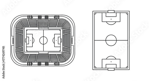 Architectural blueprint showing top down views of stadium and field layouts
