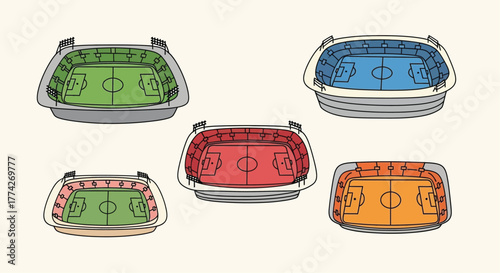 Colorful top down view illustrations of several football stadiums