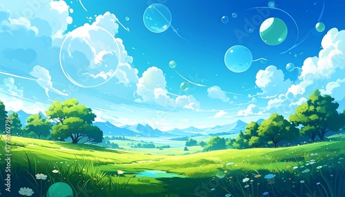 Fototapeta Naklejka Na Ścianę i Meble -  Anime-style illustration of a vibrant green meadow under a bright blue sky