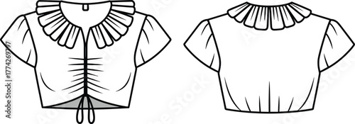 fashion sketch of cropped blouse with ruffled collar, short sleeves, front and back views, technical vector illustration for garment design reference