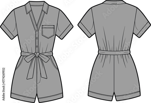 Flat fashion sketch of short-sleeve collared romper with belt and pocket, front and back views, technical vector illustration for garment design reference