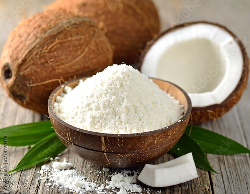 Bowl of floury substance with coconuts and green leaves