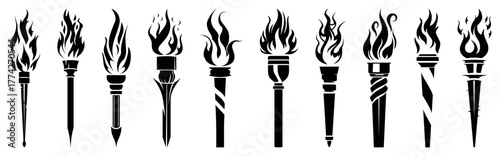 Set of traditional ancient Greek torch icons. Greece runner, Sport flame. Symbol of light and enlightenment. High HD resolution burning stick, sports symbol icon, historical tradition icons