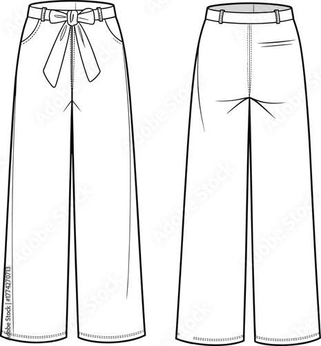 sketch of wide-leg pants with high waist, belt loops, tied belt, slanted pockets, garment illustration for apparel design, sewing, textile concept
