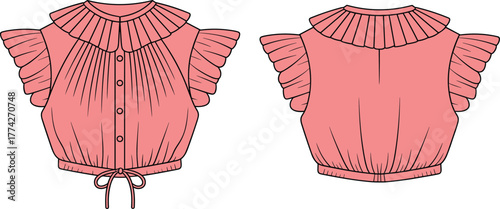 Flat fashion sketch of pleated blouse with ruffled sleeves, button front and drawstring waist, front and back views, technical vector garment illustration