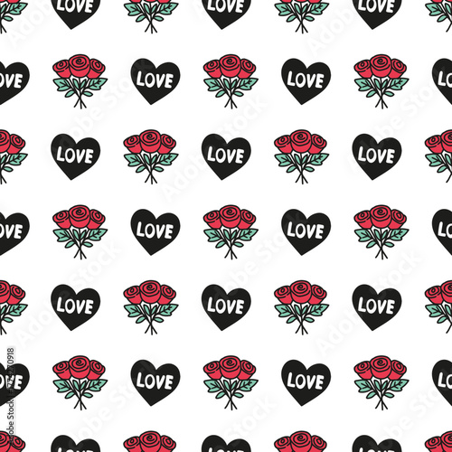 Romantic Day Pattern with Roses, Hearts, and Love. Perfect for Valentine Day cards, wedding designs, romantic wrapping paper, and floral holiday decorations.