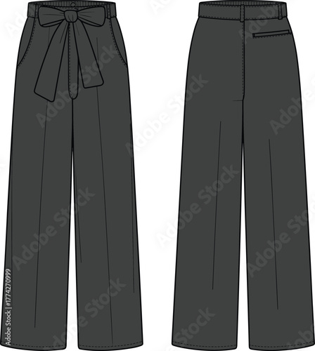 fashion sketch of wide-leg pants with high waist, tied fabric belt, seam lines, welt pocket, garment illustration for apparel design, sewing, textile concept