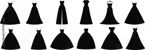 Fashion dress silhouette vector set, twelve black gown shapes, front view styles, neckline and skirt variations, clothing design template, garment illustration pack