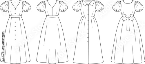Fashion illustration of puff sleeve long dresses, technical sketch front view, neckline and bodice variations, garment design template, vector clothing flat