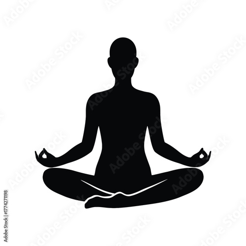 Silhouette of a person meditating in a lotus pose with hands in gyan mudra on a white background. yoga silhouette icon. yoga icon.